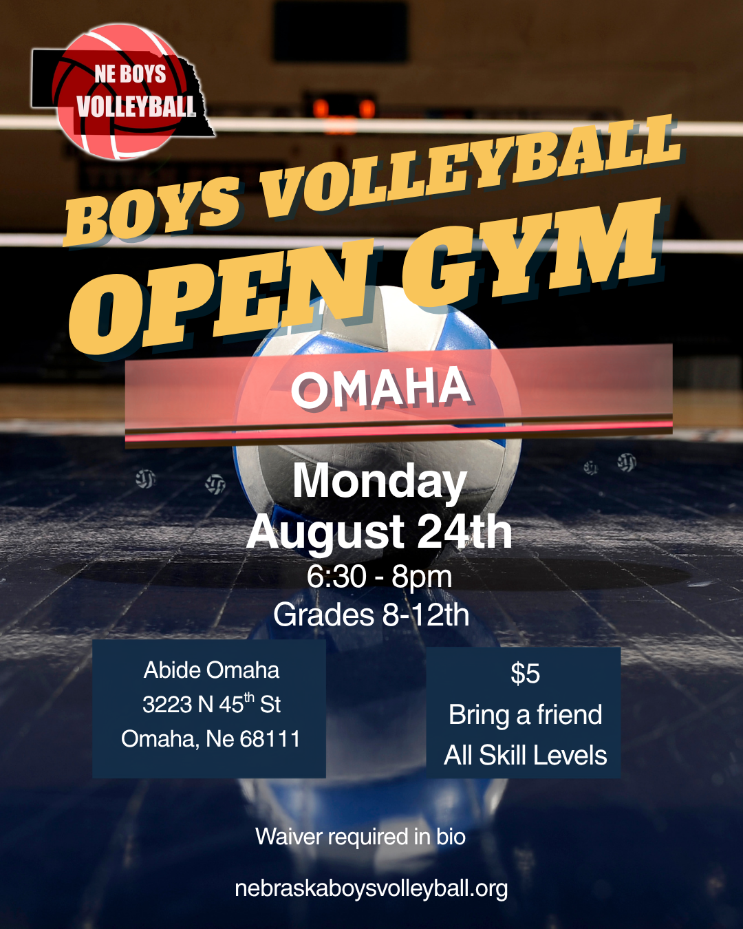 Omaha Boys Volleyball Open Gym at Abide Omaha flyer