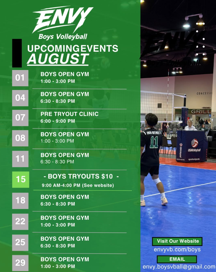 Envy Boys Volleyball August events flyer