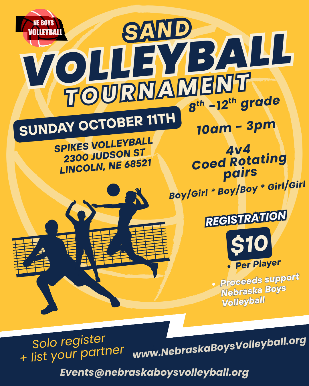 Flyer for the Nebraska Boys Volleyball Sand Volleyball Tournament on Sunday, October 11 at Spikes Volleyball in Lincoln