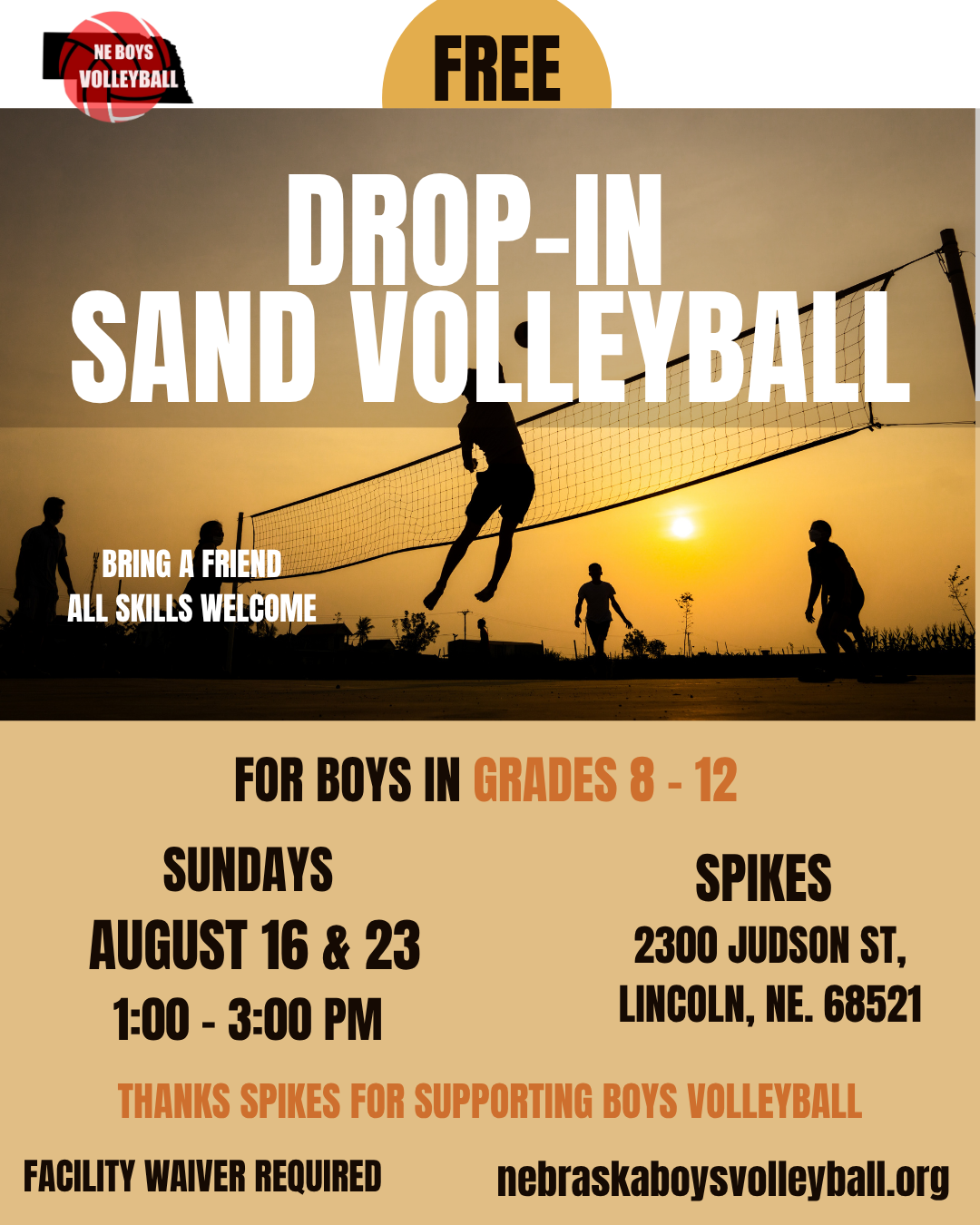 Nebraska Boys Volleyball free drop-in sand volleyball flyer